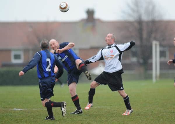 Mill View SC (blue) take on Seaham Marlborough in today's Over-40s Ironside Cup semi-final