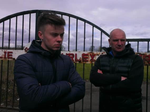 Matt Titchen (left) and Peter Curtis at the gates of the Charlie Hurley Centre.