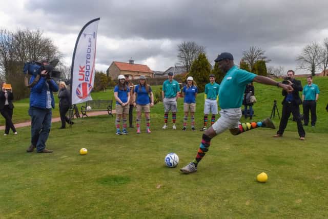 Gary Bennett teeing-off at the launch of the North East FootGolf Series at Ramside Hall Hotel & Golf Club