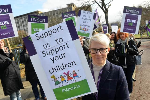 Unison organiser Helen Metcalf at the protest today.
