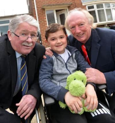 Hope 4 Kidz charity to make adaptation on the home of Duchenne Muscular Dystrophy sufferer Matthew Brettell aged 10
Sunderland AFC legends Bobby Kerr and Micky Horswill (R) with Matthew Brettell