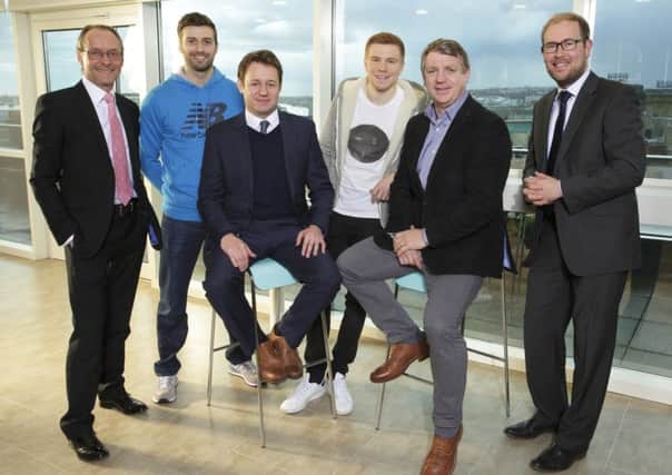 From left, Hugh Welch, of Muckle LLP ; Mark Wood, James Welch; Duncan Watmore, Marco Gabbiadini and Steven Smith.
