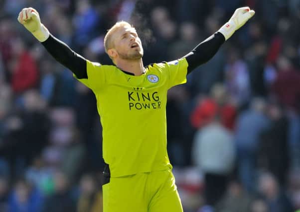 Kasper Schmeichel celebrates Leicester City's win