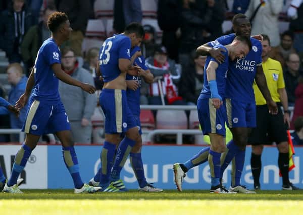 Leicester players react after their clinching second goal at the Stadium of Light last Sunday.
