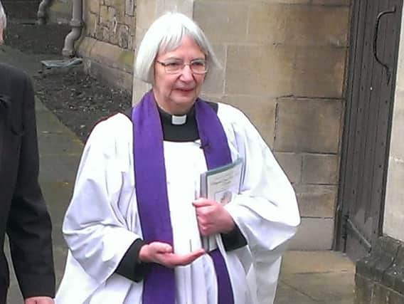 The Rev Canon Sheila Bamber arrives at Sunderland Minster today for Denise Robertson's funeral.