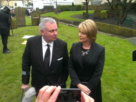 Eamonn Holmes and wife Ruth Langsford speak to the media ahead of Denise Robertson's funeral at Sunderland Minster.