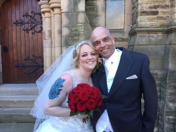 Sarah Jane Thurlow and Michael Duggan following their wedding at St John's Methodist Church in Ashbrooke, Sunderland.