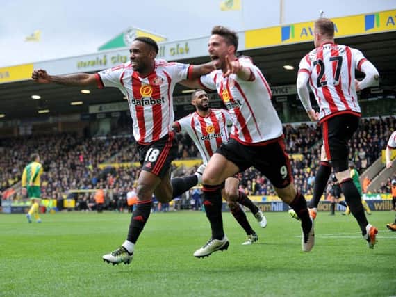 Jermain Defoe celebrates after scoring for Sunderland against Norwich at Carrow Road. Picture: Frank Reid.