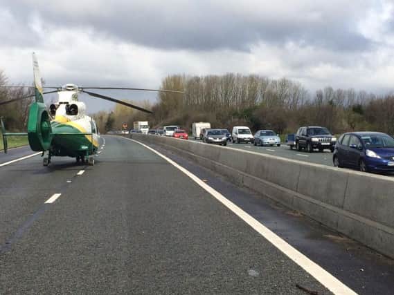 A Great North Air Ambulance helicopter on the A1M at Chester-le-Street