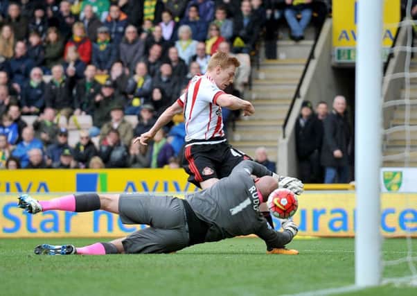 Livewire Duncan Watmore beats John Ruddy to score Sunderland's third goal in last week's vital win at Norwich. Picture by Frank Reid
