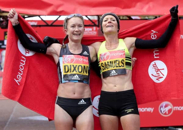 Aly Dixon (left) and Sonia Samuels celebrate clinching places in the British team for the Rio Olympic Games marathon, following yesterday's Virgin Money London Marathon