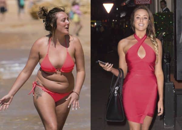 Geordie Shore star Charlotte Crosby shed 2.5stone. Pictured before and after her weight loss.