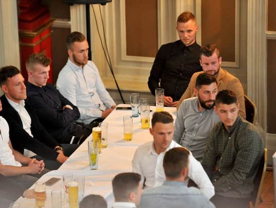 Trevor Carson (below right, white shirt) watches the Hartlepool United Awards night. Picture by FRANK REID
