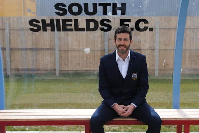 Julio Arca modelling the new South Shields FC club suit