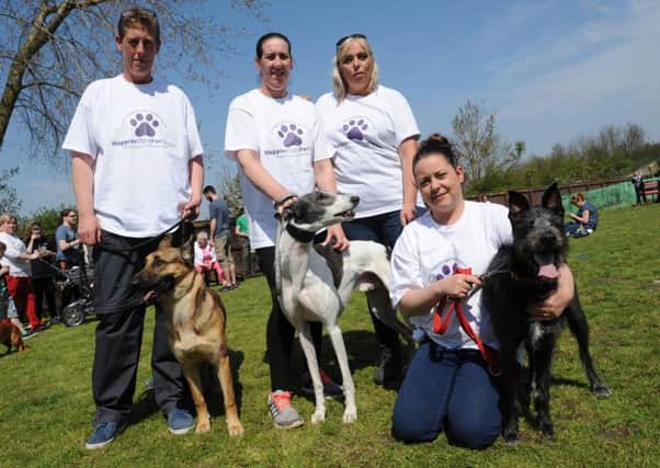 Happier Days for Strays founders Lisa Scott, left, with dog Lily, and Gail Lomax, second right, with volunteers Tracy Howat, with dog Pete and Shelly Newby with dog Cody, celebrating the charity's first birthday at their Ferry Farm Boarding Kennels, South Hylton.