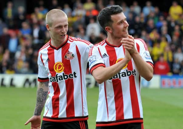 Tommy Robson (left) and George Honeyman enjoy the after-match celebrations following Sunderland's 2-2 draw at Watford. Picture by Frank Reid