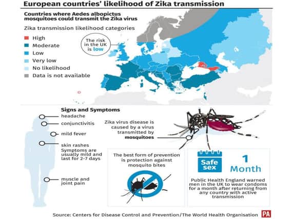 A graphic showing the main risk areas for the Zika virus this summer.