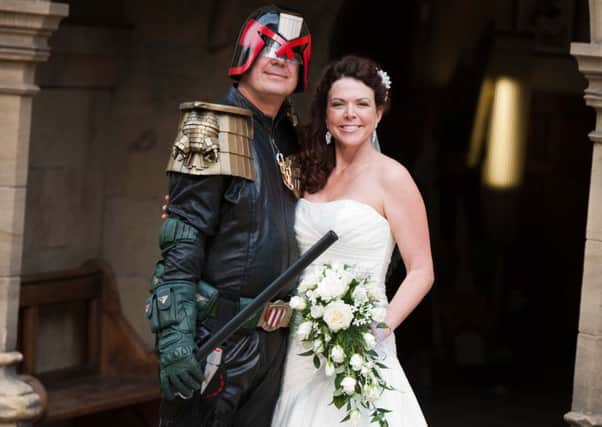 With this ring, I thee Dredd...Rob Stewart with Sue on their wedding day.