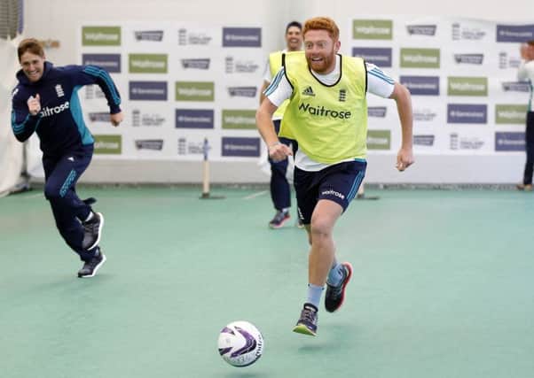 England's Jonny Bairstow shows off his football skills