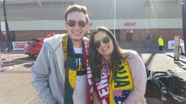 Tom Berry and Natalie Sammut in the Stadium of Light's Fan Zone ahead of the England v Australia friendly.