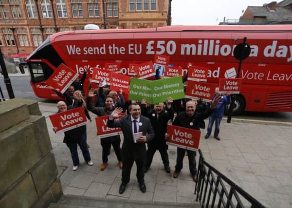 The Vote Leave Battle Bus in Sunderland, with UKIP MEP Jonathan Arnott in front.