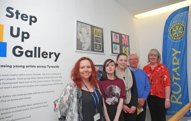Pictured at the opening of the Step Up Gallery Exhibition are (from left to right) Boldon Schools Michelle Hawronskyj, Boldon School artists Rebecca Johnson and Sharna Seales, Rotarys Fred McQueen and Elizabeth Kane, Learning Officer at the Customs House.