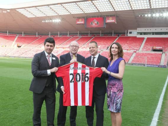 From left to right, Sunderland AFC commercial director Gary Hutchinson, Lagardere UK football partnerships director Richard Bermitz, Lagardere UK managing director Carl Woodman and Sunderland AFC finance director Angela Lowes.
