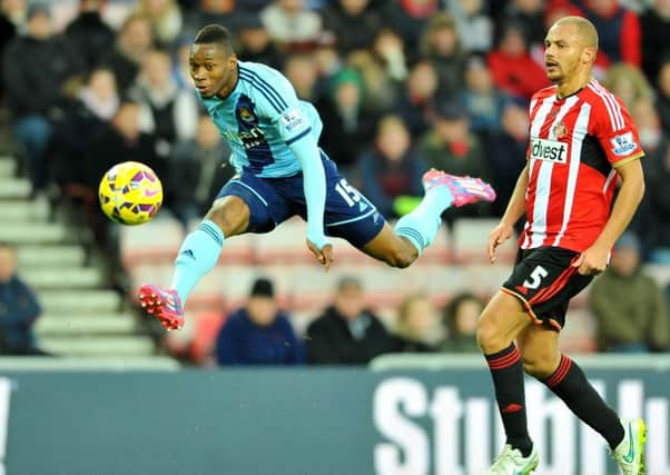 Diafra Sakho gets a shot in on goal for West Ham  against Sunderland in the 2014-15 season. Picture by Frank Reid