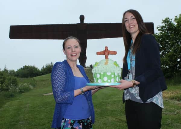 At the Angel of the North are cupcake maker Michelle Newman with Danielle Cooper, Operations Manager for the Alzheimers Society (North and South of Tyne).