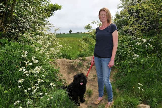 Carolyn Wall with her dog Barney at the field where she noticed the wild deer and fawn. Photograph by FRANK REID