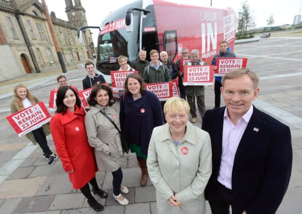 Labour In campaign bus arrives at Keel Square.
Front from left MP Bridget Phillipson, MP Julie Elliott and MEP Jude Kirton-Darling, Labour Shadow Business Secretary Angela Eagle MP and Shadow Leader of the House Chris Bryant MP