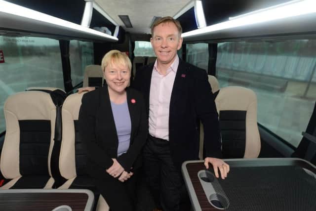 Labour In campaign bus arrives at Keel Square.
Labour Shadow Business Secretary Angela Eagle MP and Shadow Leader of the House Chris Bryant MP