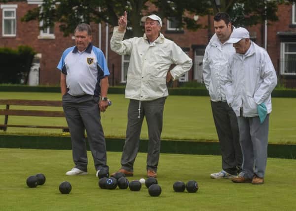 Pondering the next move: (from left) Fred Lulham and Alan Ganley (both Roker Park) with Andrew Wright) and Fred Sanderson (Seaham Town) in last weeks Storey Bowl clash
