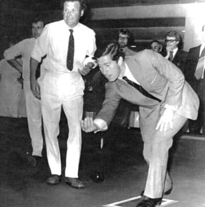 Prince Charles bowls the first bowl at Sunderland Indoor Bowling Club in 1977, watched by Gordon Thompson, who has sadly passed away