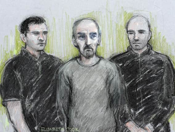 Court artist sketch by Elizabeth Cook of Thomas Mair, centre, at Westminster Magistrates' Court in London