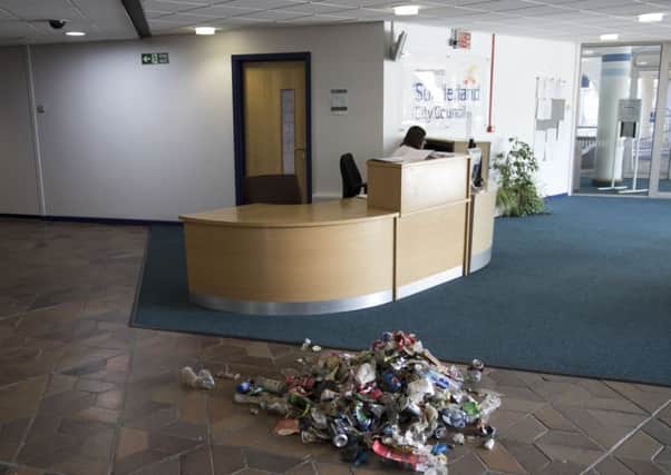 Rubbish dumped in Sunderland Civic Centre reception by David Render.