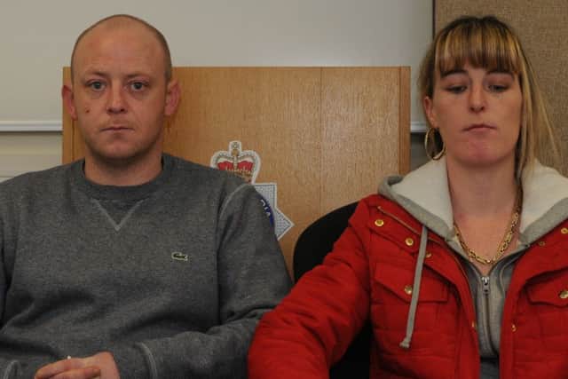 Paula Hutchinson and Gavin Newton, appealing for help at Southwick Police Station to find out what has happened to their father, Robert Hutchinson.