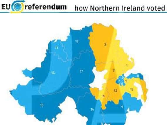 The blue, 55.8%, shows who voted to Remain. The yellow, 44.2%, shows who voted to Leave. Graphic: Press Association.