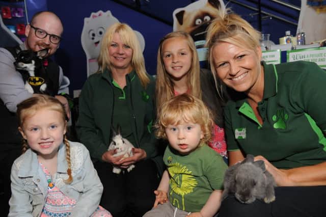 Celebrating the release of The Secret Life of Pets, Empire Cinema's Ben Spence with dog JuJu Bee, joins Pets At Home staff Lisa Worley and Julie Elliott, with rabbits, and youngsters Samuel Bingle, Olivia Milburn and Farah Dixon.