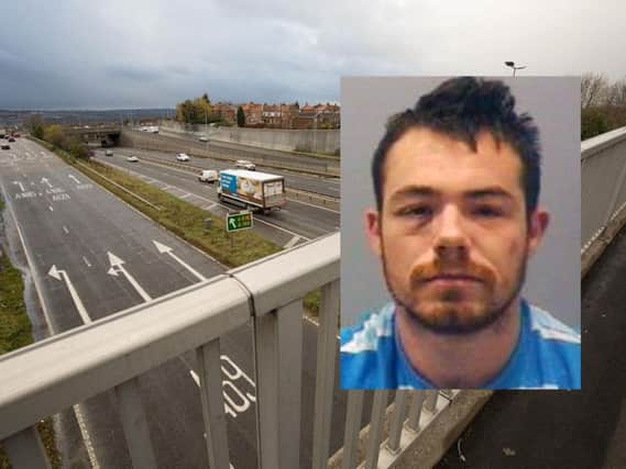 Michael Walker, inset, and the A1 bridge he tried to jump off after grabbing hold of a police officer.