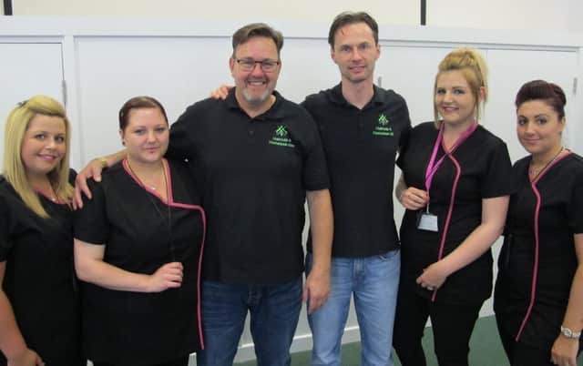 East Durham College barbering students with Haircuts4Homeless team members (centre, left to right) Stewart Roberts and Lee Dixon, at the first Durham event.