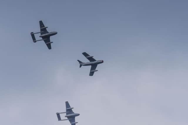 Russian built MIG 15 leading two De Haviland Vampires at Sunderland Air Show on Sunday
