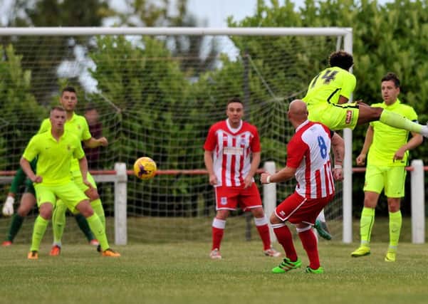 Lee Kerr (8) fires home Seaham Red Star's opener against Hartlepool United in last night's 1-1 friendly draw. Picture by Frank Reid