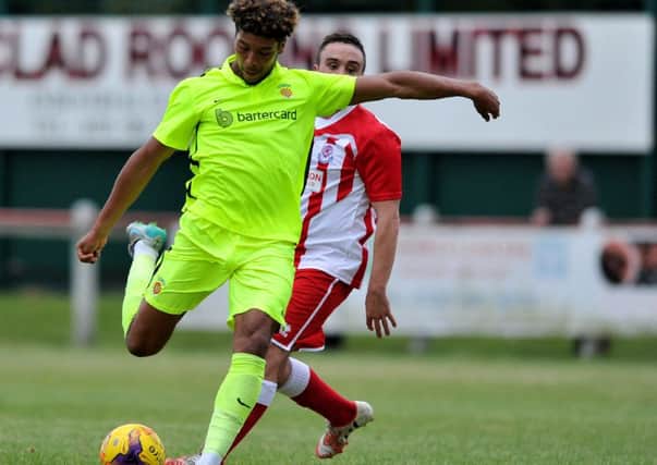 Summer signing Josh Laurent has a crack at goal in Hartlepool United's 1-1 friendly draw at Seaham Red Star on Tuesday