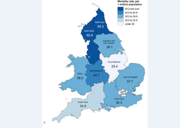 Map showing illicit drug mortality rates in the UK by region