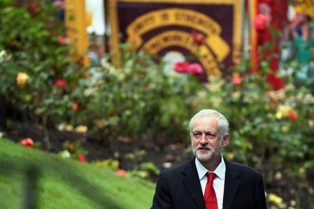 Labour leader Jeremy Corbyn arrives for the funeral of Durham miners' leader Davey Hopper. Pic: PA.