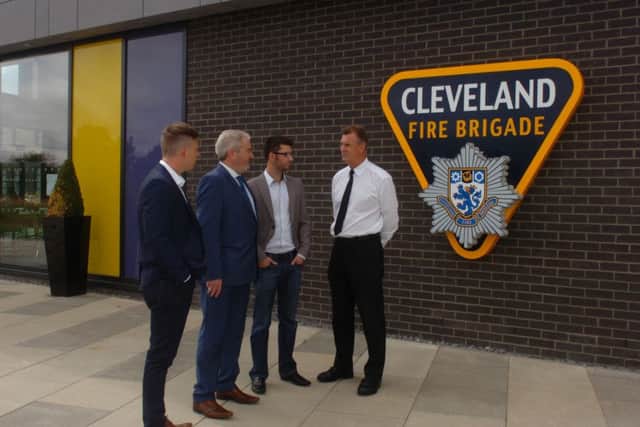 Pictured talking to Cleveland Chief Fire Officer Ian Hayton (right) are l-r Matt Heap, Mark Kerr and Matthew Johnson at Ceveland Fire HQ, Hartlepool.