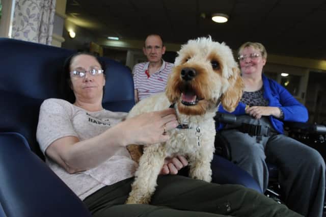 Falstone Manor Care Home residents Carol Young, Graeme Barker, and Pamela Donnison, with resident dog Bailey.