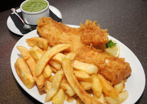 Cod, chips and peas.