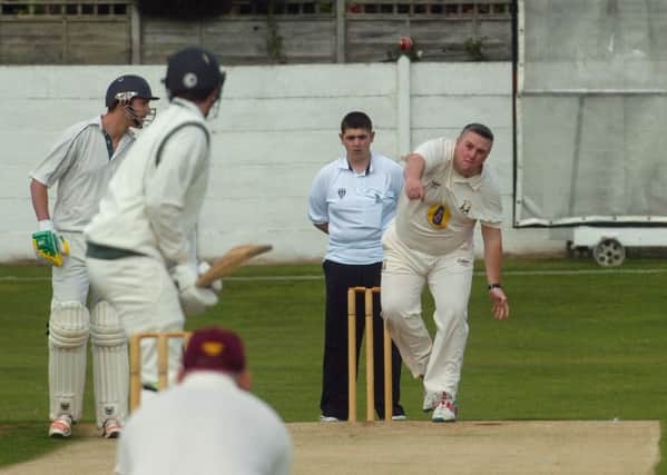 Phildelphia bowler Steven Wright bowls to Easington opener Ryan Higgins  on Saturday. Picture by Kevin Brady
